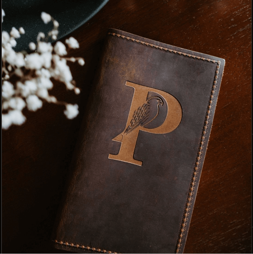 brown genuine leather check presenter with stitched edges