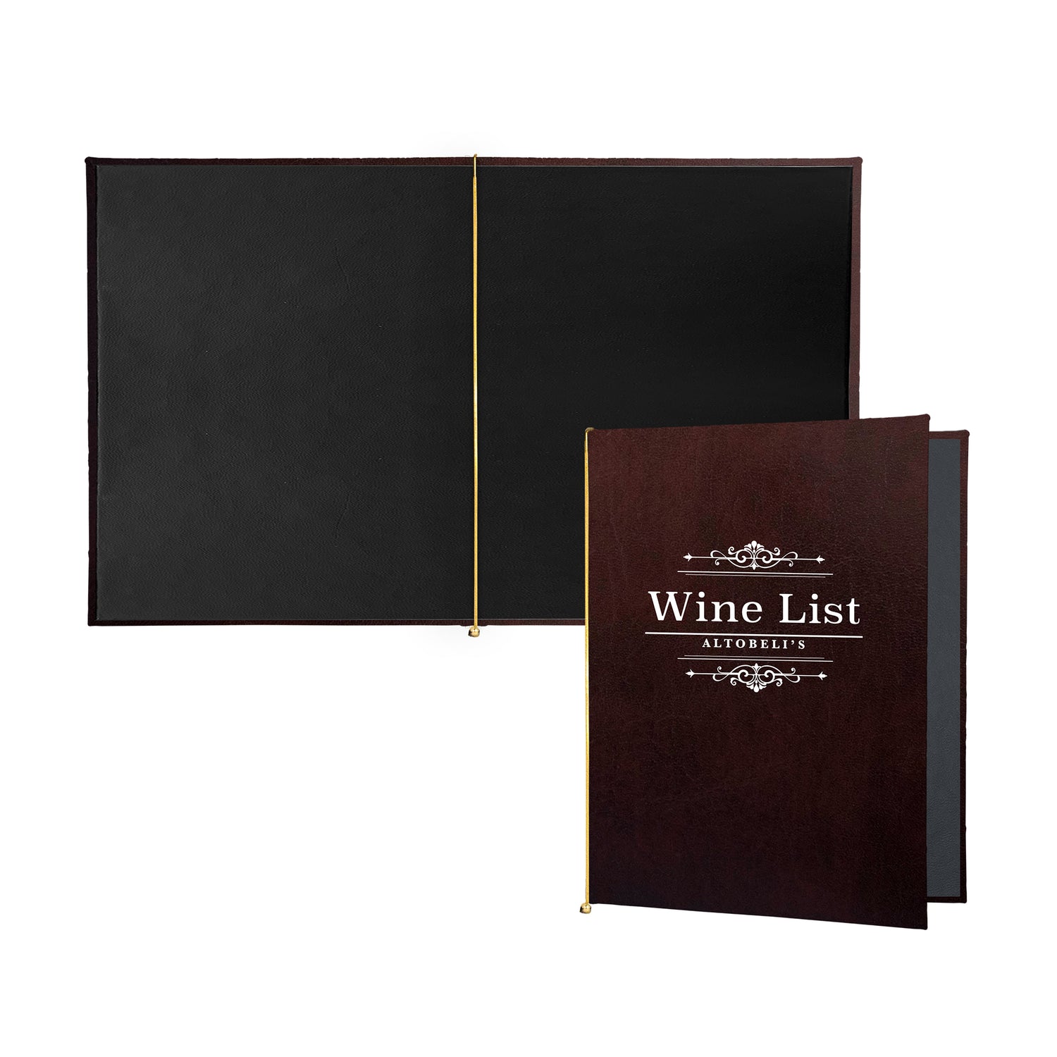 Augusta banded menu cover in wine tuxedo leather with gold elastic band