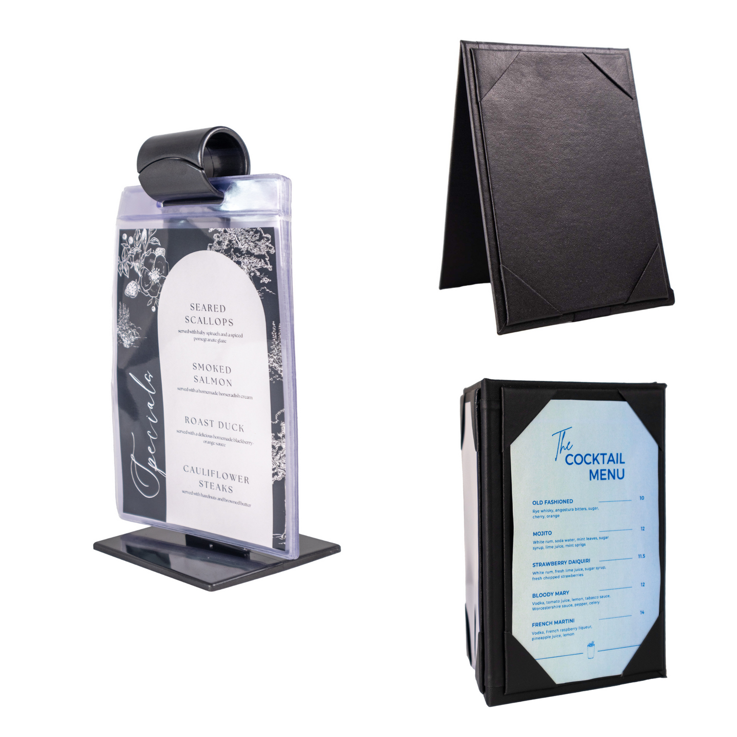 acrylic roll stand with clear pockets, two-sided black table tent, and three-sided black table tents