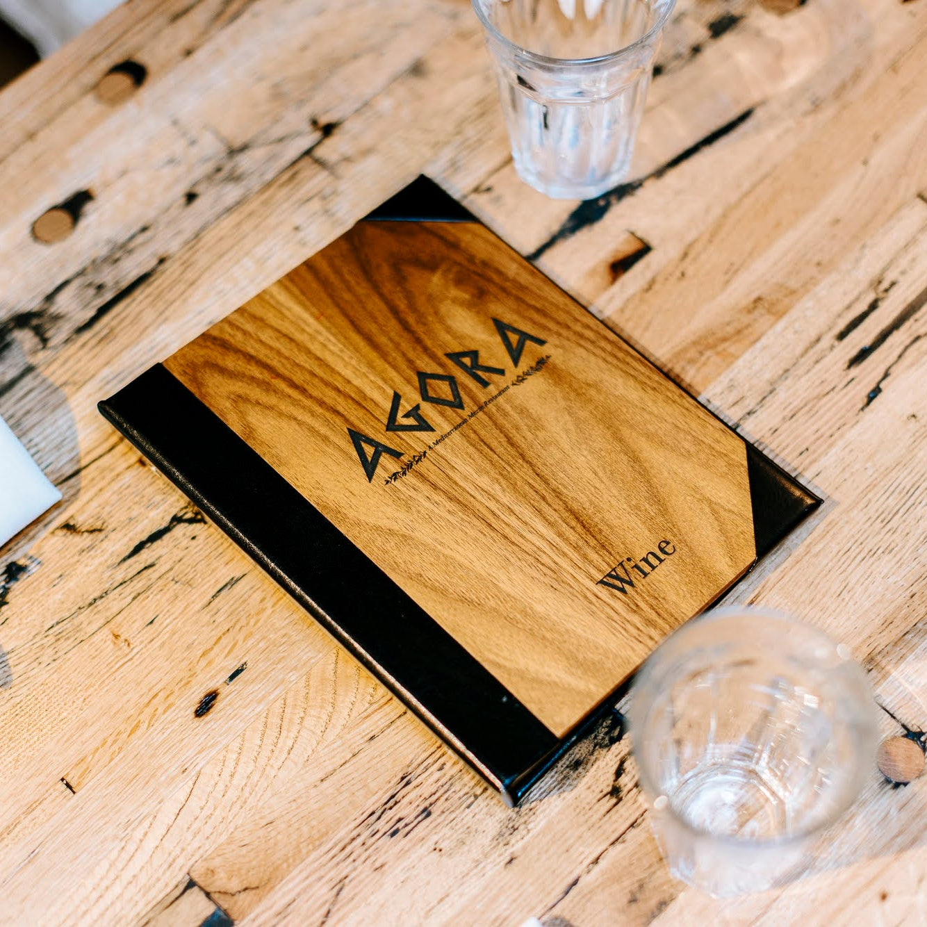 authentic wood menu cover with laser engraved logo, wine list