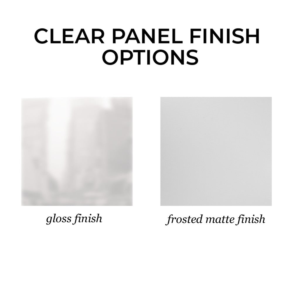A finish-options graphic titled 'CLEAR PANEL FINISH OPTIONS' showing two square sample panels on a white background: a glossy finish panel on the left and a frosted matte finish panel on the right, with labels beneath each sample.